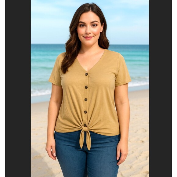 Pinque Levona Yellow Button Down Tie Front Knit Top Sz LG Short Sleeve V-Neck - Picture 1 of 12